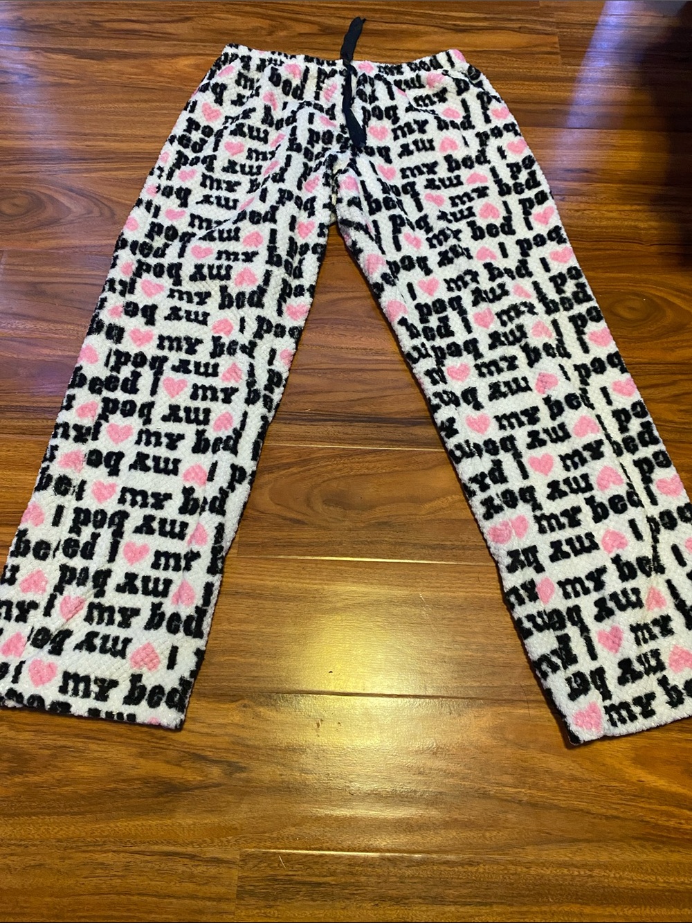 Cozy Fuzzy Pajama Pants “I Love My Bed” - White, Black & Pink Heart Print